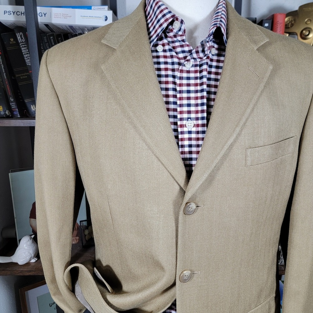 Chaps Ralph Lauren Men's Sport Coat Three Button Dark Beige Herringbone Silk 40R - Picture 5 of 16